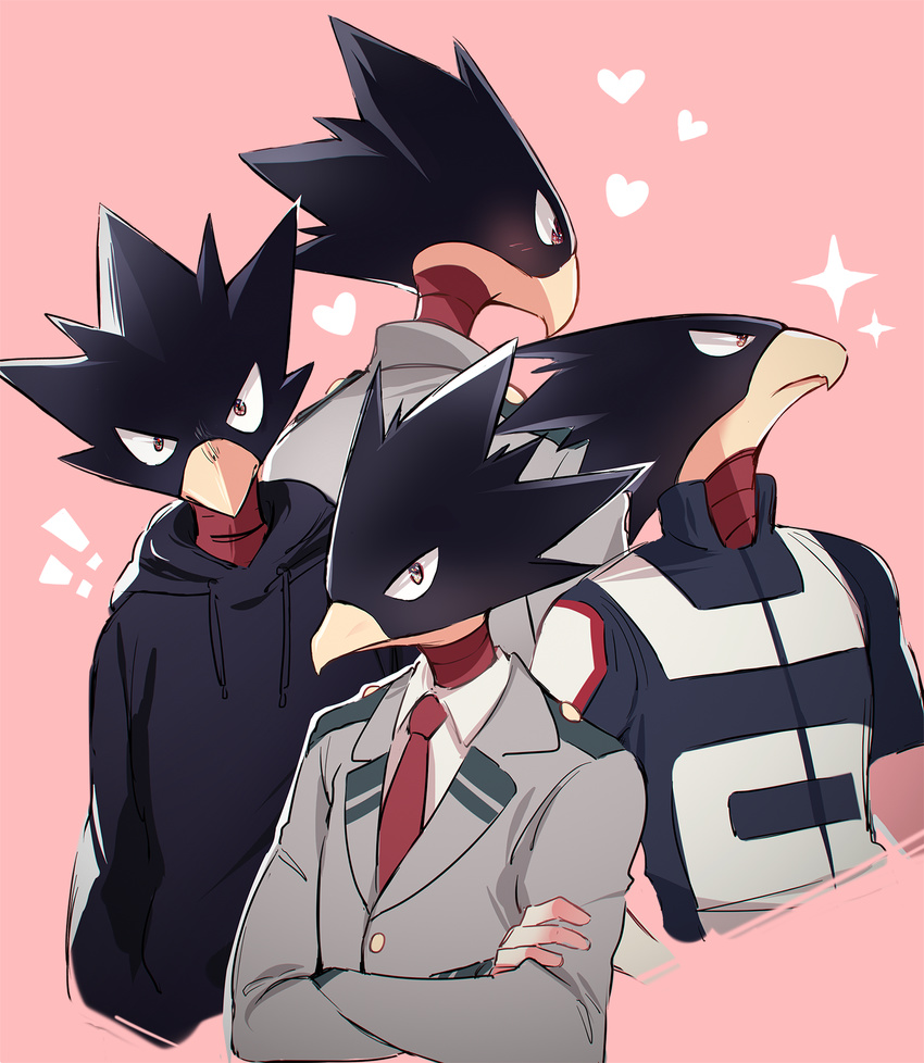 1boy alternate_costume animal_head back beak bird blush boku_no_hero_academia casual crossed_arms heart highres hood hoodie hyoon_(sockgyu) jacket looking_at_viewer male_focus multiple_views pink_background red_eyes school_uniform simple_background sparkle tokoyami_fumikage track_jacket u.a._school_uniform upper_body