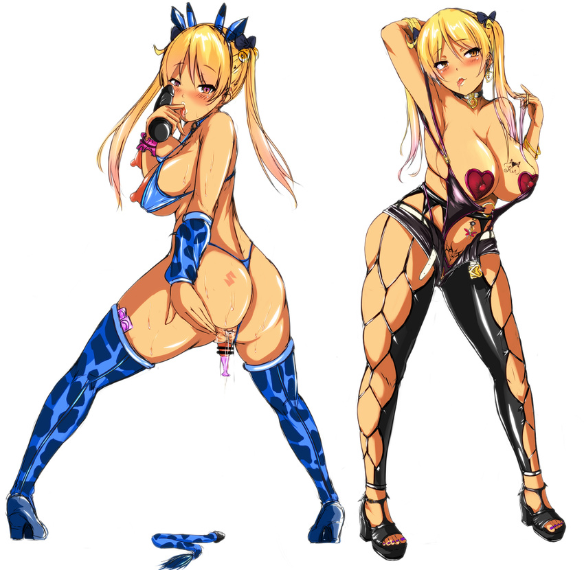 2girls armpits bakuon!! bikini blonde_hair blush breasts brown_eyes choker condom_left_inside condom_wrapper dildo earrings full_body ground_zero hair_ornament hair_twirling hand_behind_head heart heart_pasties large_breasts long_hair nail_polish open_toe_shoes pasties platform_footwear platform_heels revealing_clothes saliva shiny_clothes simple_background skindentation stomach_tattoo suzunoki_rin tan tattoo thighhighs tongue_out twintails white_background