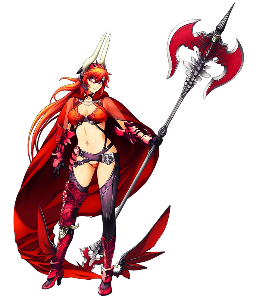 1girl ankle_wings armor belt bikini_armor boots breasts cape demon_girl erect_nipples full_body gloves halberd horns huge_weapon knee_boots large_breasts navel nishii_(nitroplus) nitroplus official_art pointy_ears polearm purple_eyes red_hair revealing_clothes satan_(the_seven_deadly_sins) solo standing the_seven_deadly_sins thighhighs vambraces weapon