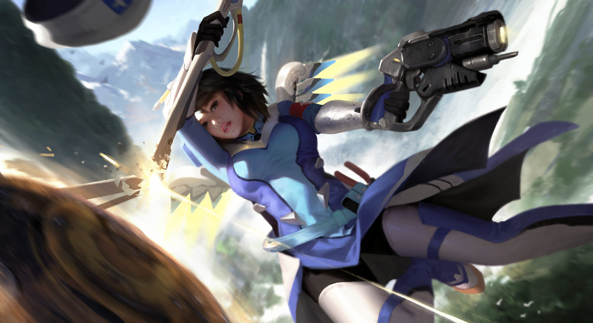alternate_color alternate_costume alternate_hairstyle alternate_wing_color arm_up armband bangs beret black_hair blue_bodysuit blue_eyes blue_sky blurry bodysuit breasts broken combat_medic_ziegler commentary_request depth_of_field dutch_angle finger_on_trigger foreshortening gloves gun handgun hat hat_removed headwear_removed highres holding holding_gun holding_staff holding_weapon leg_up lips long_sleeves looking_at_viewer mechanical_wings medium_breasts mercy_(overwatch) mountain nose outdoors overwatch parted_lips pink_lips pistol pliers pouch short_hair sky solo staff swinging weapon white_hat wings yellow_wings yijian_ma