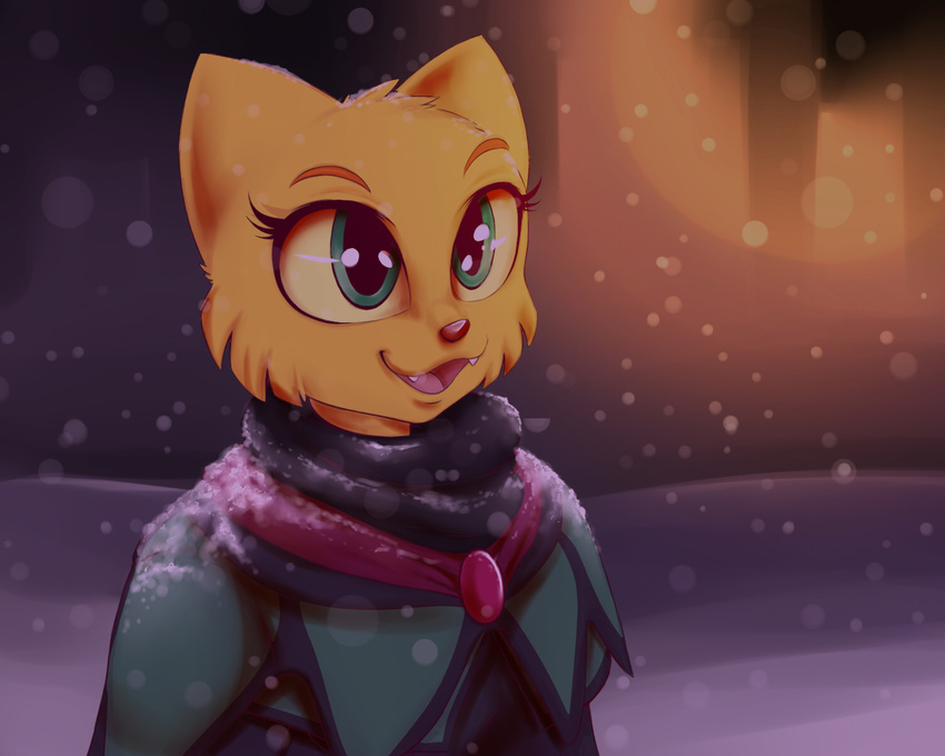 2015 anthro clothed clothing digital_media_(artwork) eyelashes feline female fur green_eyes hi_res katia_managan khajiit mammal open_mouth outside pink_nose plagueofgripes prequel smile snow solo the_elder_scrolls video_games webcomic yellow_fur yellow_sclera