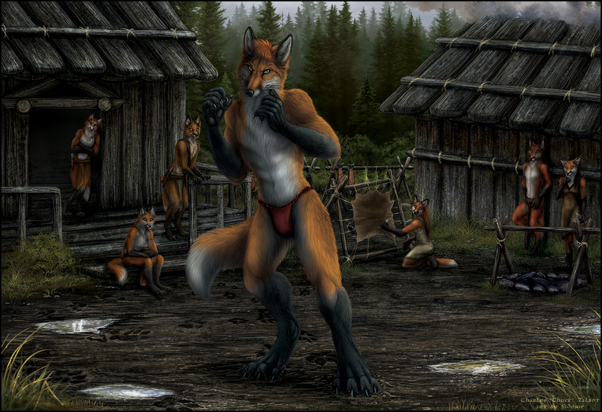 4_toes amazing_background anthro barefoot black_nose bulge canine clothed clothing day detailed_background digitigrade fox fur green_eyes group looking_at_viewer male mammal orange_fur outside sidonie sitting standing toes topless