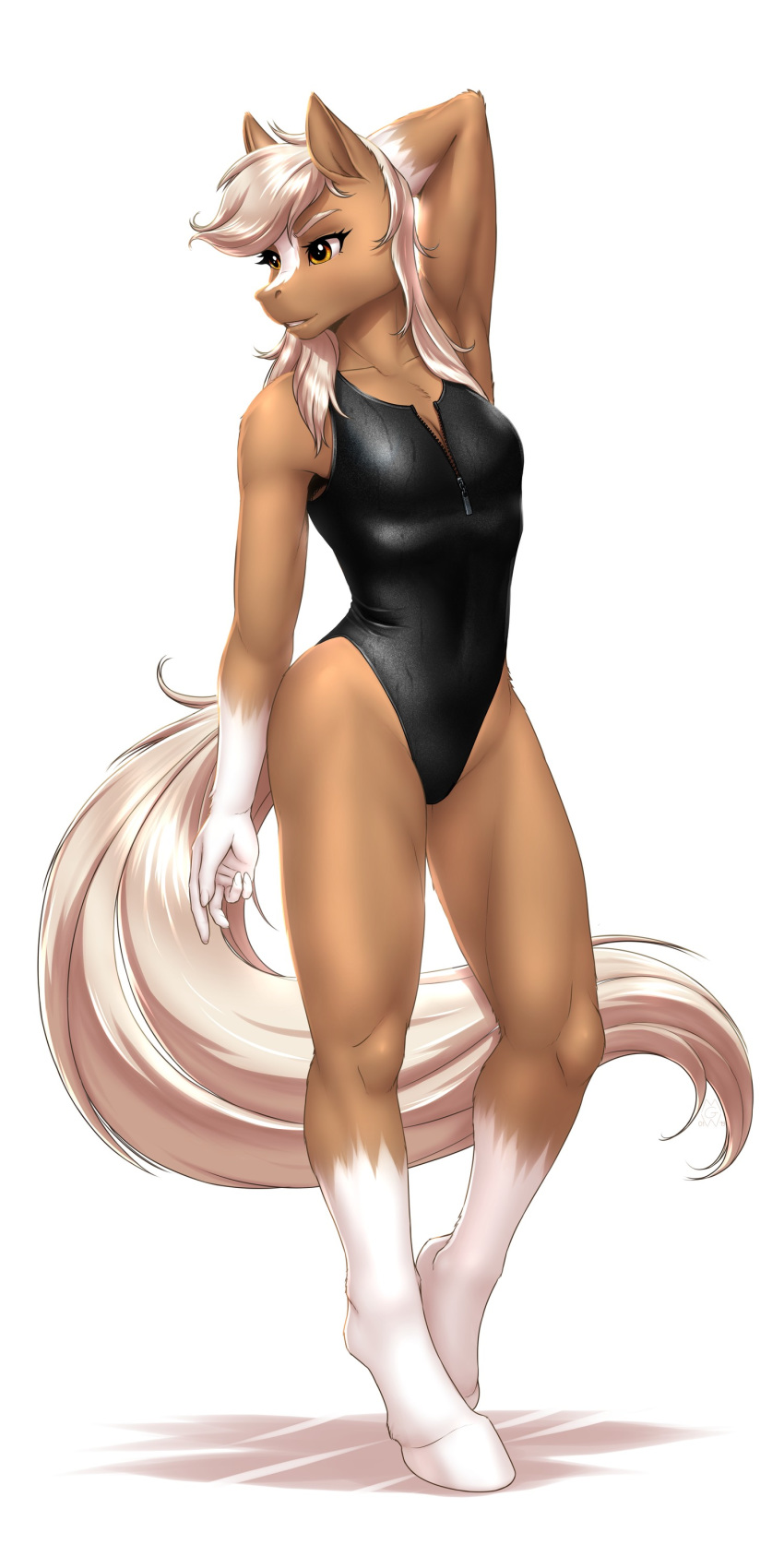 2019 amber_eyes anthro anthrofied blonde_hair breasts brown_eyes clothing digital_media_(artwork) epona_(tloz) equine eyelashes female hair hooves horse mammal mykegreywolf nintendo one-piece_swimsuit simple_background solo standing swimsuit the_legend_of_zelda thin_waist tight_clothing video_games white_background