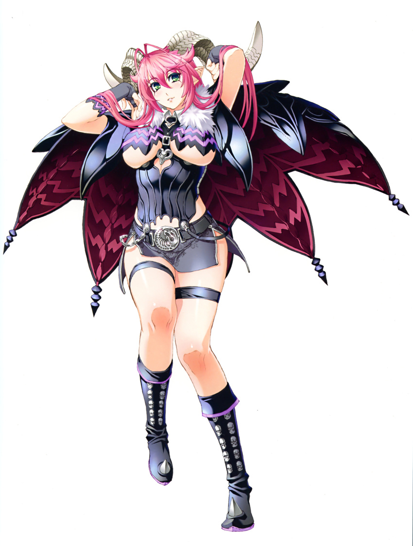 absurdres antenna_hair asmodeus_(the_seven_deadly_sins) bangs belt black_footwear black_skirt boots breasts bridal_gauntlets demon_girl demon_horns eyebrows_visible_through_hair full_body fur_trim green_eyes hair_between_eyes highres horns knee_boots large_breasts long_hair looking_at_viewer nishii_(nitroplus) pencil_skirt pink_hair pointy_ears scan simple_background skirt smile solo the_seven_deadly_sins thigh_strap underboob white_background