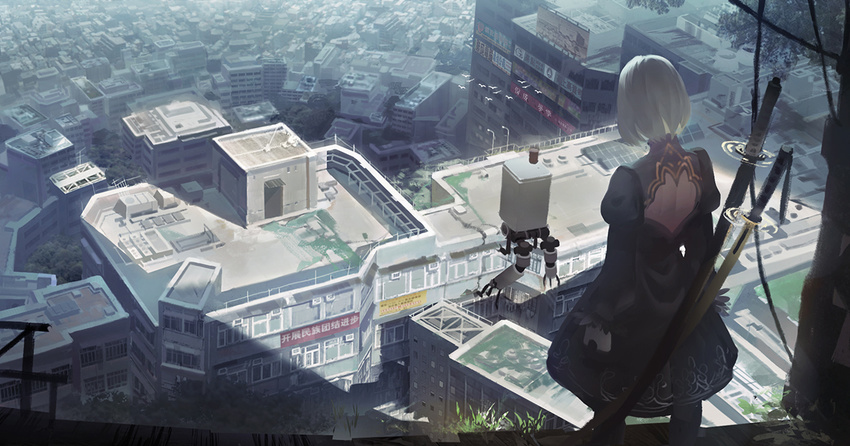 back back_cutout black_dress building day dress facing_away feather-trimmed_sleeves from_behind juliet_sleeves long_sleeves looking_away nier_(series) nier_automata outdoors pod_(nier_automata) puffy_sleeves robot rooftop sawana scenery sheath sheathed short_hair solo sword turtleneck turtleneck_dress weapon white_hair yorha_no._2_type_b