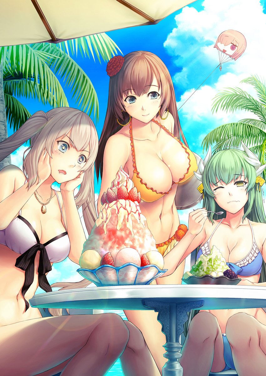 3girls @_@ arms_behind_back bangs bikini blue_bikini blue_eyes blush brain_freeze breasts brown_hair character_doll cleavage closed_mouth cloud cloudy_sky collarbone commentary_request day drooling eyebrows_visible_through_hair fate/grand_order fate_(series) food fruit green_hair grey_hair hair_over_one_eye highres horns ice_cream jewelry kite kiyohime_(fate/grand_order) kiyohime_(swimsuit_lancer)_(fate) large_breasts long_hair long_legs marie_antoinette_(fate/grand_order) marie_antoinette_(swimsuit_caster)_(fate) mash_kyrielight mata_hari_(fate/grand_order) medium_breasts multiple_girls necklace one_eye_closed open_mouth orange_bikini outdoors palm_tree purple_eyes riyo_(lyomsnpmp)_(style) seiyuu_connection shaved_ice sitting sky smile strawberry summer sundae swimsuit table taneda_risa tree twintails umbrella whipped_cream white_bikini yellow_eyes yumemizuki