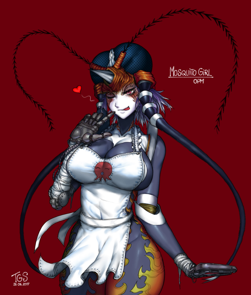 ;p amputee antennae apron bare_shoulders breasts cleavage curvy dated extra_eyes heart highres large_breasts mechanical_arm monster_girl mosquito_girl mosquito_musume naked_apron one-punch_man one_eye_closed red_background red_eyes sash sideboob simple_background solo spoken_heart the_golden_smurf thick_thighs thighs tongue tongue_out wide_hips