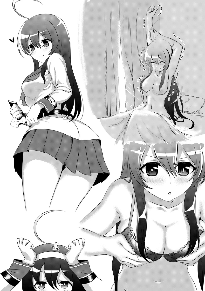 1girl absurdres adjusting_headwear ahoge bed belt blush bra breast_hold breasts collarbone convenient_censoring cropped_legs curtains dressing eyebrows_visible_through_hair frilled_bra frills from_below greyscale hair_censor hair_over_breasts hairband heart highres large_breasts long_hair messy_hair monochrome multiple_views navel orie_(under_night_in-birth) pleated_skirt school_uniform skindentation skirt stretch tearing_up topless under_night_in-birth underwear waking_up window