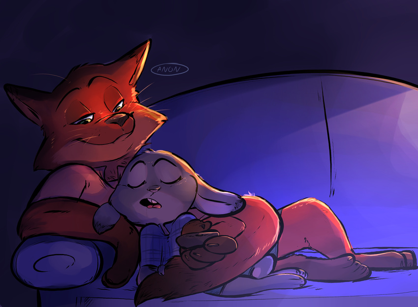 2016 ahappypichu-mod anthro buckteeth canine claws clothed clothing colored controller cuddling disney duo female fox fur green_eyes grey_fur half-closed_eyes judy_hopps lagomorph lying male mammal nick_wilde open_mouth orange_fur rabbit reclining remote_control shirt shorts simple_background size_difference sleeping smile sofa teeth tongue tongue_out zootopia