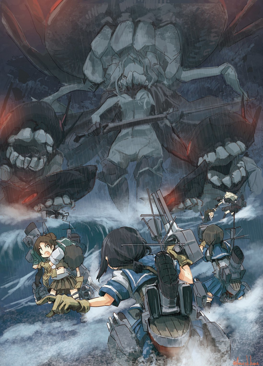 asterisk_kome black_hair brown_hair cannon commentary fireman's_carry from_behind from_below fubuki_(kantai_collection) giantess gloves glowing glowing_eyes highres kantai_collection low_twintails multiple_girls mutsuki_(kantai_collection) red_eyes rigging sailor_collar school_uniform serafuku shigure_(kantai_collection) shikinami_(kantai_collection) shinkaisei-kan shirayuki_(kantai_collection) short_ponytail short_twintails teeth turret twintails wo-class_aircraft_carrier yuudachi_(kantai_collection)
