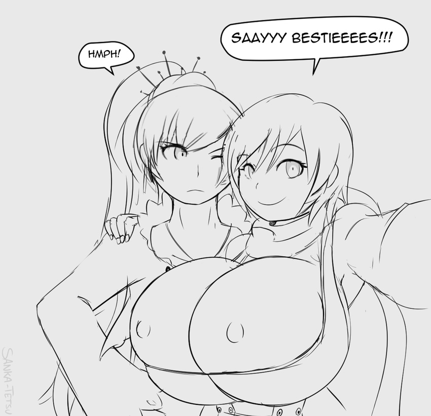 2girls breast_envy breasts huge_breasts iron-0xide multiple_girls ruby_rose rwby selfie wardrobe_malfunction weiss_schnee