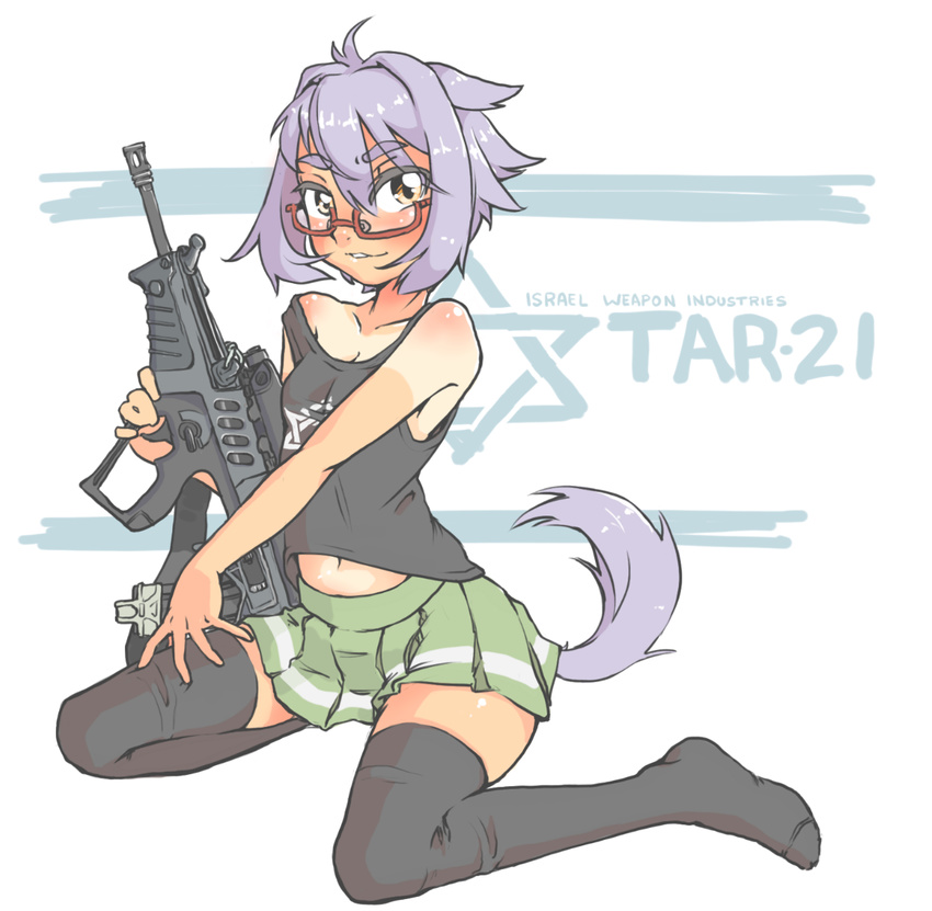 2017 animal_humanoid breasts clothed clothing english_text eyewear female fingers fur glasses gun hair hi_res holding_object holding_weapon human humanoid jarv_(artist) kneeling legwear mammal purple_fur purple_hair ranged_weapon simple_background skirt smile solo stockings suntan tan_line text thigh_highs weapon yellow_eyes