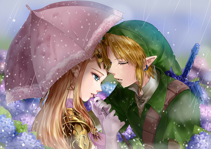 1girl blonde_hair blue_eyes closed_eyes dress earrings hat jewelry link long_hair master_sword pointy_ears princess_zelda rain short_hair sword the_legend_of_zelda the_legend_of_zelda:_ocarina_of_time umbrella wasabi_(legemd) weapon