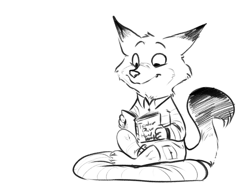2016 ahappypichu-mod anthro book canine clothed clothing crossed_legs disney fox fur male mammal monochrome nick_wilde pillow reading sitting solo zootopia