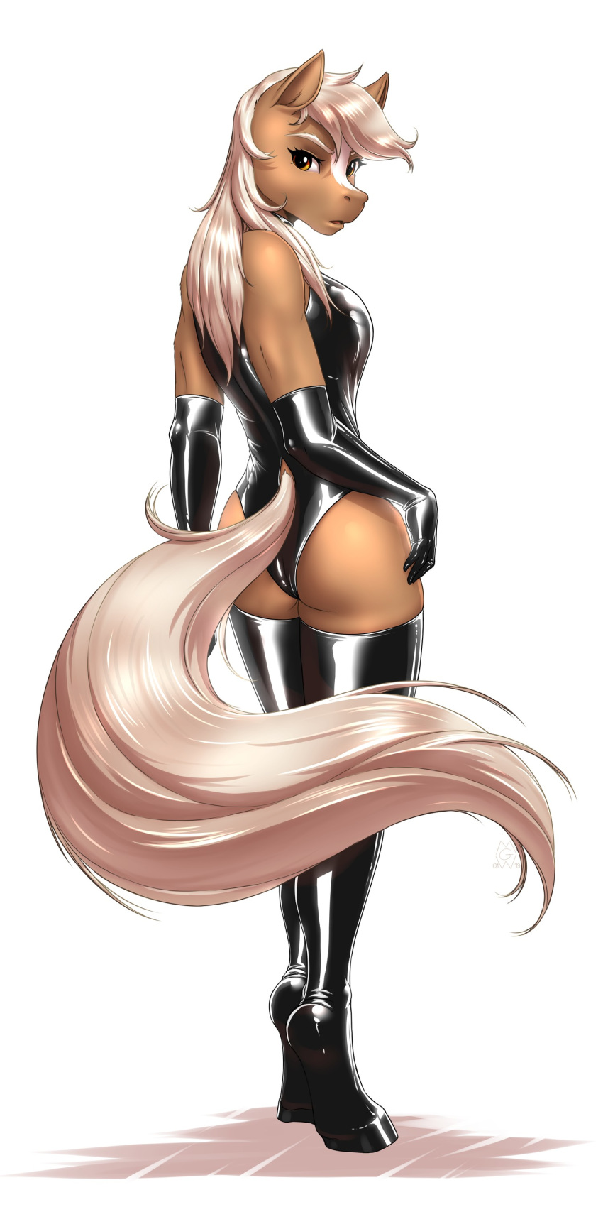 2019 anthro blonde_hair breasts brown_eyes digital_media_(artwork) epona_(tloz) equine eyelashes female hair hooves horse looking_at_viewer looking_back mammal mykegreywolf nintendo rubber simple_background solo standing the_legend_of_zelda thin_waist video_games white_background