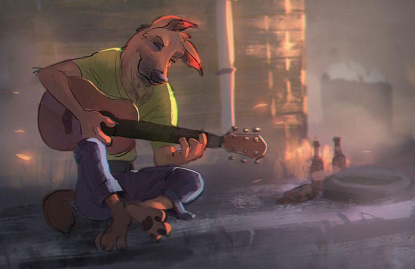 2017 anthro arcroto barefoot bottle canine clothed clothing collaboration dog eyes_closed guitar holding_object male mammal monoflax musical_instrument outside pawpads playing_guitar playing_music sitting solo street