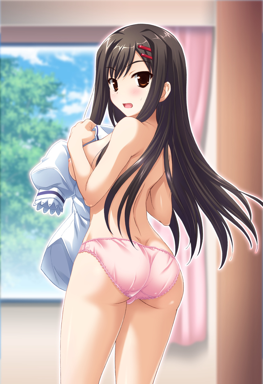 absurdres ass back bangs bare_legs blue_sky blush breasts brown_eyes brown_hair butt_crack cloud cloudy_sky collared_shirt cowboy_shot curtains day eyebrows_visible_through_hair from_behind hair_ornament hairclip highres holding holding_shirt indoors kakizaki_shizuru large_breasts legs_apart long_hair looking_at_viewer looking_back love-bride_eve mutsumi_masato nipples open_mouth panties pink_panties puffy_short_sleeves puffy_sleeves scan shirt shirt_removed short_sleeves sky solo standing sweatdrop thighs topless tree underwear underwear_only white_shirt window