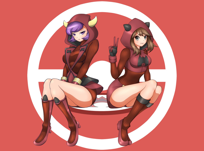 2girls alternate_costume bangs blush boots breasts brown_hair closed_mouth dress expressionless female full_body gloves grey_eyes half-closed_eyes hand_up happy haruka_(pokemon) highres hood horned_headwear horns kagari_(pokemon) kagari_(pokemon)_(cosplay) kagari_(pokemon_oras) knee_boots kneehighs knees_together_feet_apart legs_together long_sleeves looking_at_viewer matching_hair/eyes medium_breasts multiple_girls poke_ball_symbol purple_eyes purple_hair red_background red_dress red_footwear red_legwear red_shorts red_sweater ribbed_sweater shoes short_dress short_hair short_shorts shorts simplyseed sitting smile sweater swept_bangs team_magma turtleneck v wavy_mouth