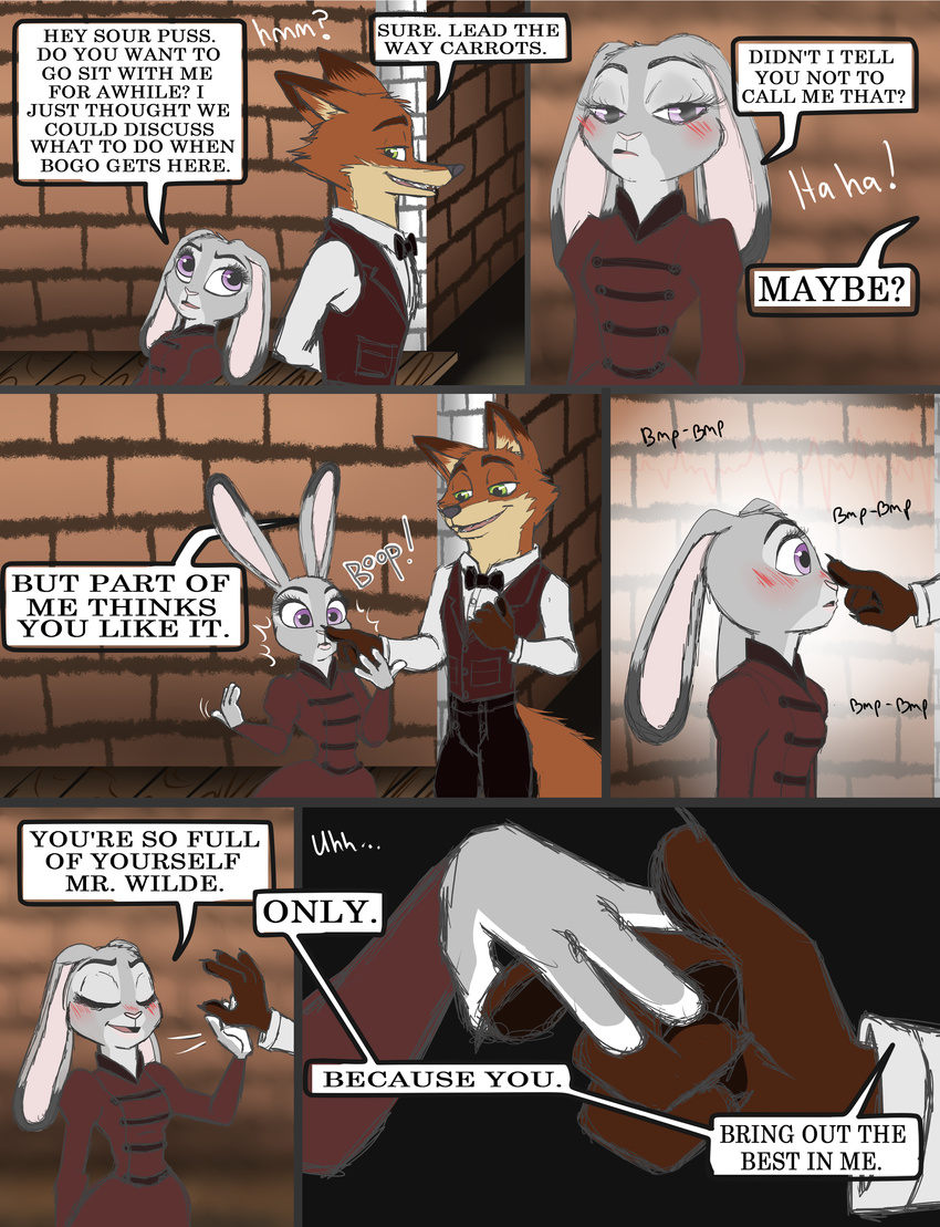 2016 alternate_universe anthro blush boop canine clothed clothing comic dialogue digital_media_(artwork) disney duo female fox hi_res judy_hopps lagomorph male mammal nick_wilde outside progressoftomorrow rabbit standing text zootopia