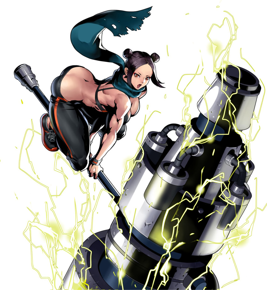 1girl ass black_hair breasts brown_eyes female hammer metal_slug metal_slug_attack muscle muscular_female official_art scarf shoes sneakers snk solo toned weapon yoshino_(metal_slug)