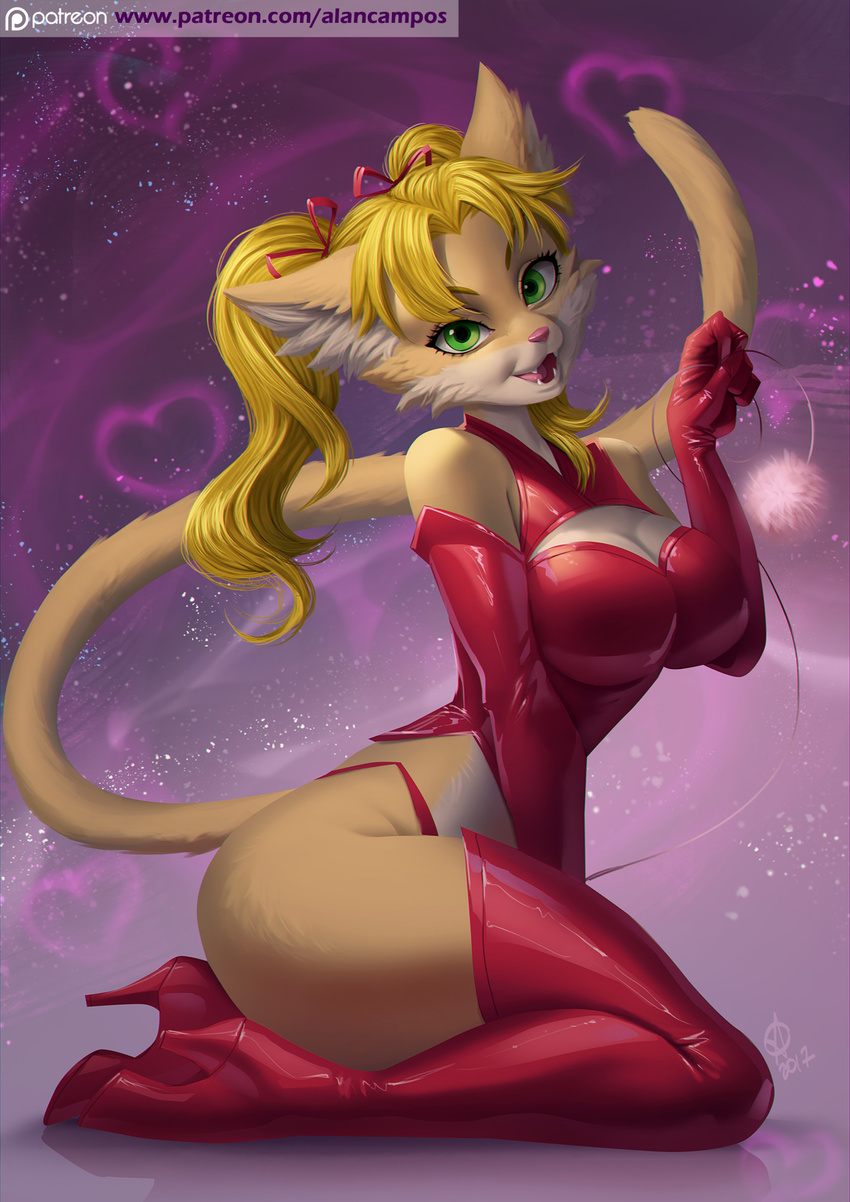 alanscampos anthro blonde_hair breasts brown_fur cat clothed clothing eyelashes feline female fur green_eyes hair kneeling mammal open_mouth smile solo teeth tongue