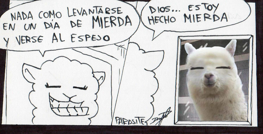 alpaca ambiguous_gender better_version_at_source camelid dialogue mammal parasitedeath spanish_text text traditional_media_(artwork) translated