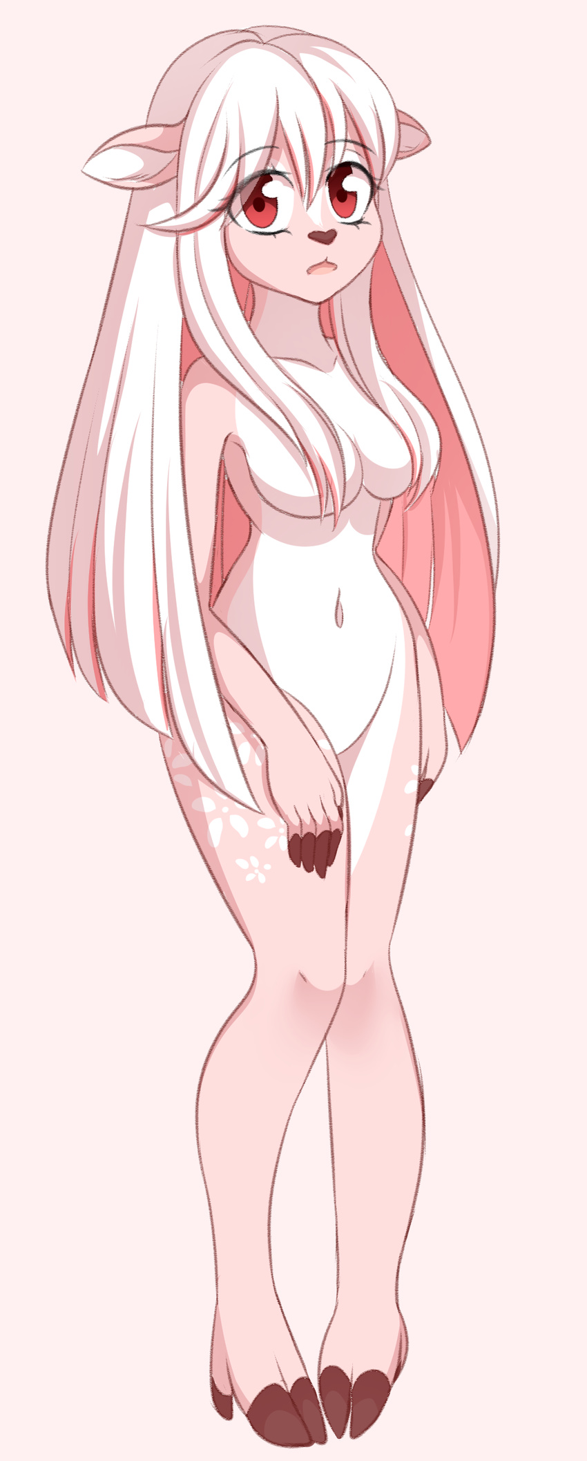 2017 anthro breasts cervine cloven_hooves convenient_censorship deer female hair hair_covering_breasts hi_res hooves long_hair looking_at_viewer mammal momomistress navel nude solo standing