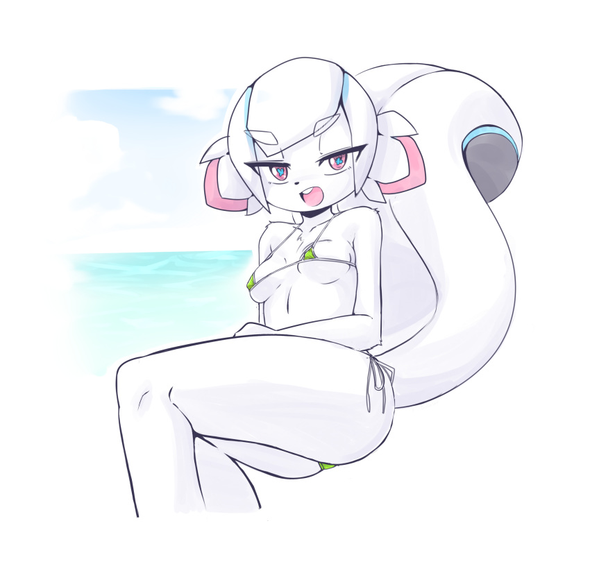 2018 absurd_res anthro beach bichosan bikini blue_eyes breasts butt clothed clothing exotic_pupils eyebrows_visible_through_hair female hair hi_res kiki_the_cyber_squirrel krita_(program) looking_at_viewer lying machine mammal mascot micro_bikini nipple_bulge on_side open_mouth pink_eyes robot rodent sciurid sea seaside side-tie_bikini skimpy small_breasts smile solo swimsuit thick_thighs tree_squirrel water white_hair