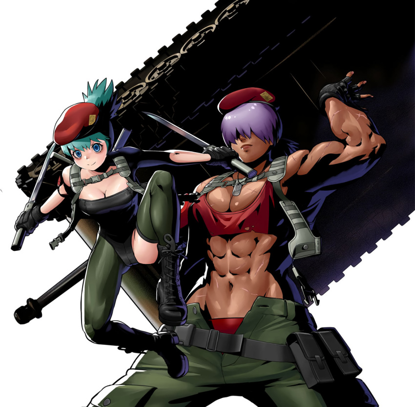 2girl abs beret blue_eyes blue_hair boots breasts cleavage cline_(metal_slug) female female_only fingerless_gloves gloves ground_vehicle growth_(metal_slug) hair_over_eyes hat knife metal_slug metal_slug_attack military military_vehicle motor_vehicle muscle muscular_female navel official_art ponytail purple_hair scar snk tank weapon