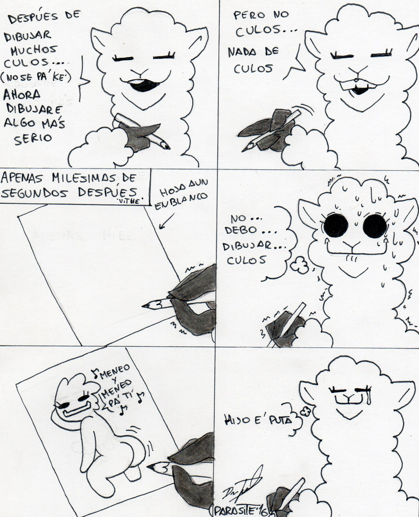alpaca ambiguous_gender better_version_at_source camelid comic dialogue mammal open_mouth parasitedeath pen spanish_text text traditional_media_(artwork) translated