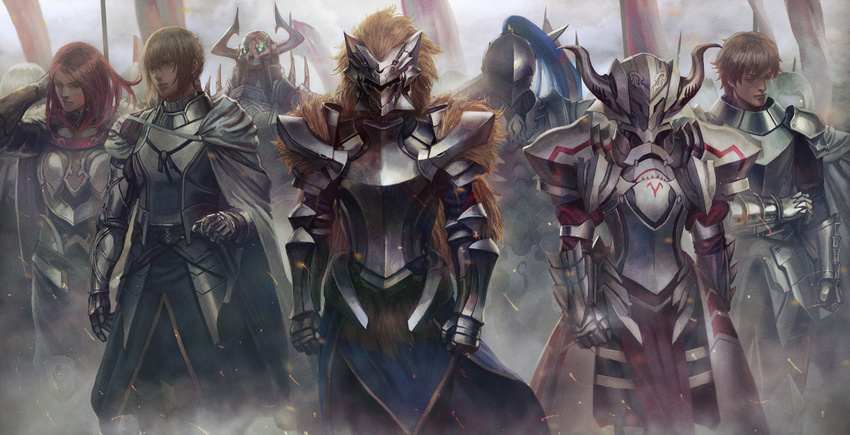 6+boys armor armored_dress arms_at_sides army artoria_pendragon_(all) artoria_pendragon_(lancer) bangs banner bedivere berserker_(fate/zero) black_armor blonde_hair blue_dress blue_eyes braid breastplate cape clenched_hands closed_eyes closed_mouth cloud cloudy_sky commentary_request dress fate/apocrypha fate/extra fate/grand_order fate/zero fate_(series) faulds full_armor fur-trimmed_cape fur_trim gauntlets gawain_(fate/extra) glowing glowing_eyes green_eyes hand_in_hair helm helmet highres holding holding_sword holding_weapon horned_helmet kakotomirai king_hassan_(fate/grand_order) knights_of_the_round_table_(fate) lancelot_(fate/zero) leonidas_(fate/grand_order) lineup loincloth long_hair long_sleeves looking_away mordred_(fate) mordred_(fate)_(all) multiple_boys multiple_girls odd_one_out outdoors over_shoulder pauldrons red_hair serious shoulder_armor skull skull_mask sky spaulders standing sword sword_over_shoulder tristan_(fate/grand_order) weapon weapon_over_shoulder white_cape