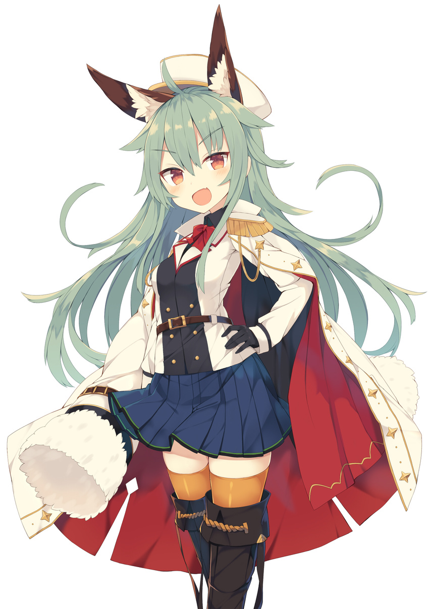 :d ahoge animal_ears belt belt_buckle black_gloves boots bow bowtie brown_eyes buckle coat commentary_request epaulettes eyebrows_visible_through_hair fang fur_trim gloves green_hair hair_flaps hand_on_hip hat highres jacket jacket_on_shoulders long_hair long_sleeves looking_at_viewer md5_mismatch military military_uniform nibiiro_shizuka open_mouth original peaked_cap pleated_skirt red_bow red_neckwear simple_background skirt smile solo standing thigh_boots thighhighs uniform v-shaped_eyebrows white_background zettai_ryouiki
