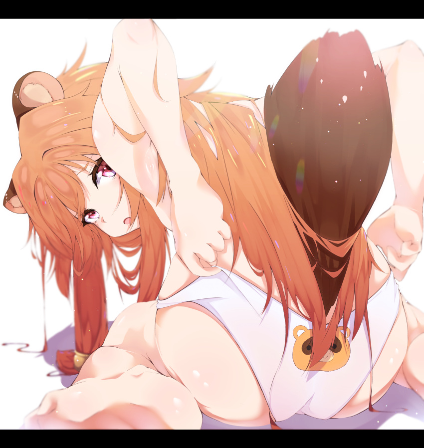 1girl :o animal_ears ass barefoot brown_hair feet from_behind half-closed_eyes highres long_hair looking_at_viewer looking_back messy_hair murata_ryou open_mouth panties panty_pull print_panties raccoon_ears raccoon_girl raccoon_tail raphtalia red_eyes solo tail tate_no_yuusha_no_nariagari topless underwear wedgie white_panties