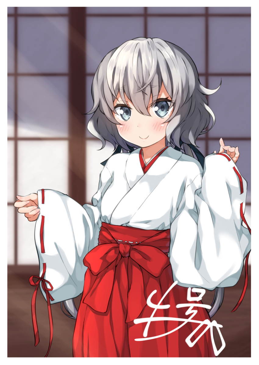 1girl alternate_costume black_ribbon blurry blurry_background blush commentary_request depth_of_field eyebrows_visible_through_hair eyes_visible_through_hair fusuma grey_hair hair_between_eyes hair_ribbon hakama highres japanese_clothes konno_junko long_hair looking_at_viewer low_twintails miko miyabi_(miyabeeya) ribbon ribbon-trimmed_sleeves ribbon_trim sleeves_past_wrists sliding_doors smile solo twintails wide_sleeves zombie_land_saga