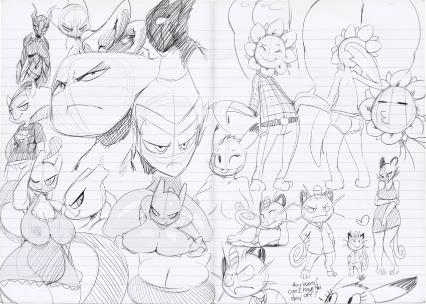 anthro anthrofied big_breasts big_butt breasts butt clothing feline female legendary_pok&eacute;mon looking_at_viewer male mammal meowth mewtwo milftwo_(character) monochrome nintendo nipples nude persian pikachu pok&eacute;mon pok&eacute;morph rodent seductive sunflora sunibee thick_thighs translucent transparent_clothing video_games voluptuous wide_hips
