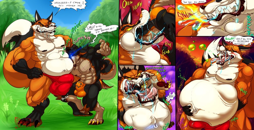 2017 abdominal_bulge abs anthro biceps black_nose black_skin blush brown_nose brown_skin bulge burping canine clothing duo english_text fox gloves_(marking) glowing glowing_eyes hand_on_hip hungothenomster james_auvereign kuufuku male mammal markings muscular oral_vore penis_outline saliva scar sharp_teeth socks_(marking) standing tan_skin teeth text tight_underwear underwear vore were werewolf whiskers white_skin wolf