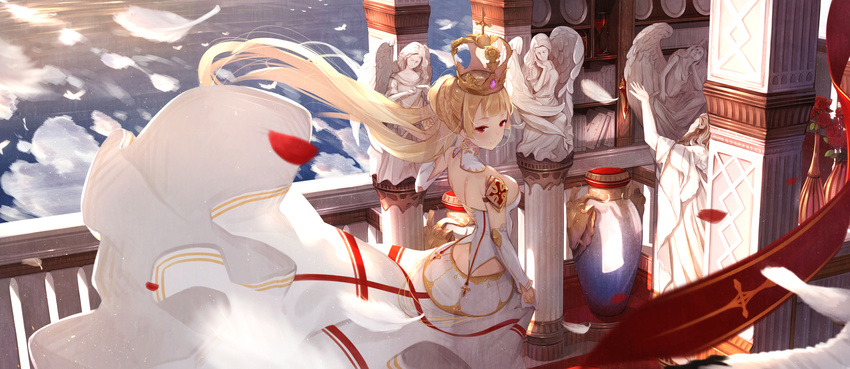 absurdres angel_statue bare_shoulders blonde_hair breasts butt_crack column commentary_request crown detached_sleeves feathers highres large_breasts light_smile long_hair low-cut md5_mismatch original pillar red_eyes skirt skirt_hold solo toriumi_harumi vase wind wind_lift