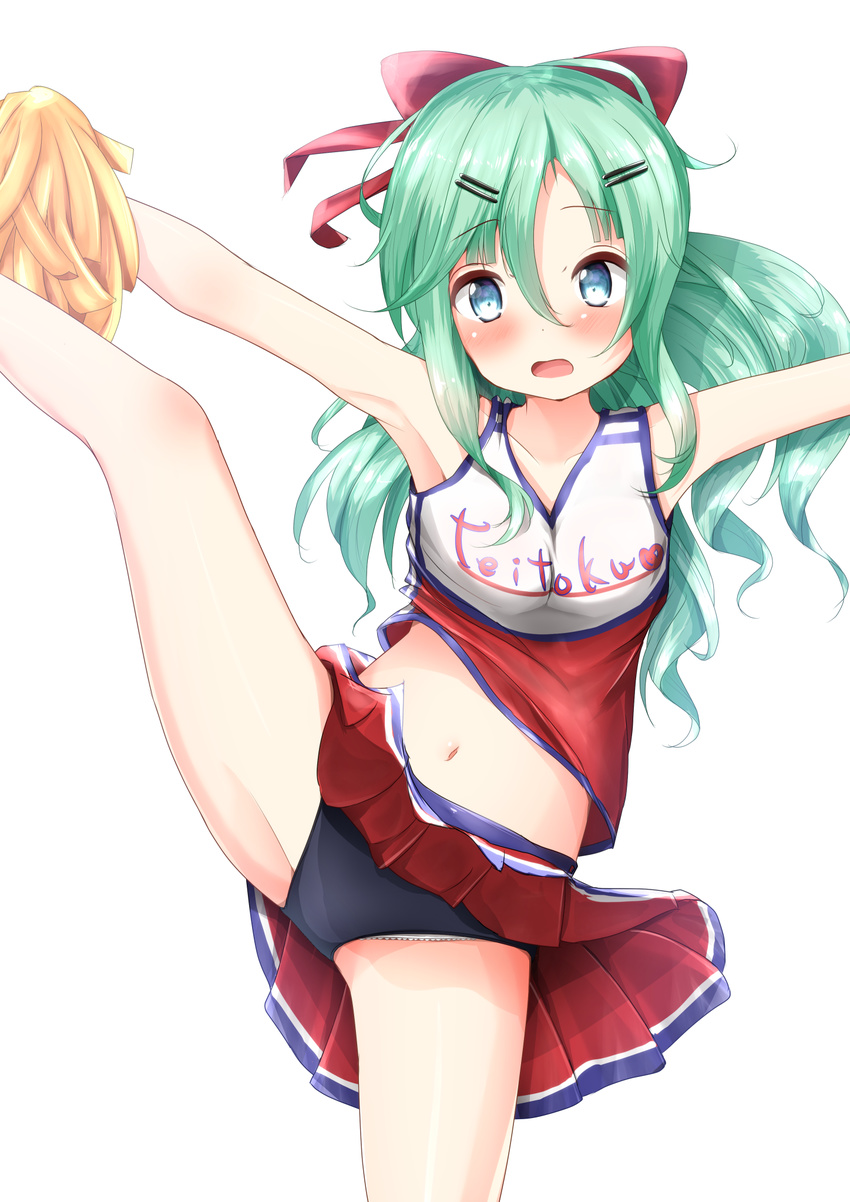 alternate_costume armpits black_buruma black_panties blue_eyes blush buruma cheering cheerleader clothes_writing collarbone eyebrows_visible_through_hair green_hair hair_between_eyes hair_ornament hair_ribbon hairclip highres kantai_collection long_hair midriff mochiyuki navel open_mouth panties panties_under_buruma panty_peek pleated_skirt red_ribbon red_skirt ribbon romaji simple_background skirt solo underwear white_background white_panties yamakaze_(kantai_collection)