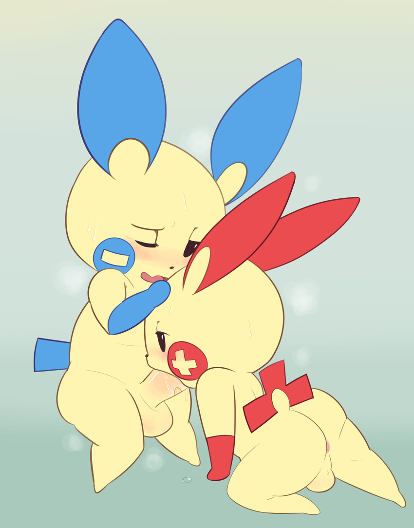 anthro balls better_version_at_source blush butt erection hi_res male male/male minun nintendo obscurabuns open_mouth oral penetration penis plusle pok&eacute;mon simple_background video_games