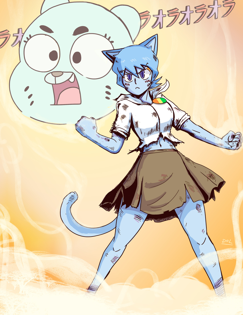 5_fingers anthro blood blue_fur cartoon_network cat clothed clothing dol2006_(artist) feline female fighting_stance fur hi_res mammal mature_female mother navel nicole_watterson open_mouth parent scrapes skirt solo the_amazing_world_of_gumball torn_clothing