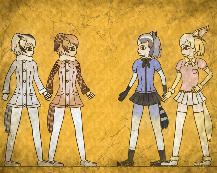 animal_ears bird_tail black_gloves blonde_hair bow bowtie brown_hair coat commentary_request common_raccoon_(kemono_friends) crack egyptian_art eurasian_eagle_owl_(kemono_friends) fennec_(kemono_friends) fox_ears fox_tail from_side fur_collar gloves grey_hair head_wings highres kemono_friends kita_(7kita) long_sleeves multicolored_hair multiple_girls northern_white-faced_owl_(kemono_friends) pantyhose pleated_skirt profile raccoon_ears raccoon_tail shoes short_hair short_sleeves skirt striped_tail tail thighhighs yellow_background