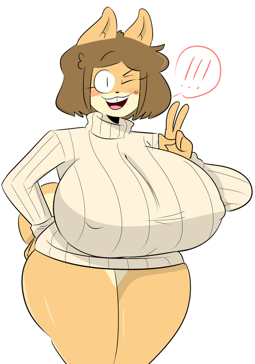 ! anthro big_breasts blush bottomless breasts canine clothed clothing dog female huge_breasts jinu june_(jinu) mammal mature_female mother one_eye_closed parent shiba_inu solo sweater wink