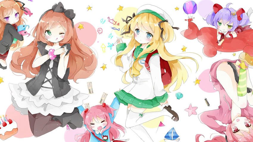 :d :q ;) ahoge aqua_eyes arms_up bangs black_bow blonde_hair blush borrowed_character bow brown_hair brown_legwear cake cat_tail eyebrows_visible_through_hair flag food green_eyes green_skin green_skirt hair_bobbles hair_bow hair_ornament hazuki_watora heterochromia holding hood hoodie kanimusume_(peko) kneehighs long_hair long_sleeves looking_at_viewer mikane_sebiri minazuki_sarami money multiple_girls neckerchief one_eye_closed open_mouth original pantyhose pink_eyes pink_hair pleated_skirt purple_eyes purple_hair school_uniform serafuku shimotsuki_potofu shoe_bow shoes sidelocks skirt smile star striped striped_legwear tachibana_karen tail thighhighs tongue tongue_out twintails two_side_up upside-down white_legwear zettai_ryouiki