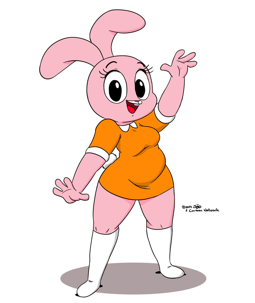 4_fingers anais_watterson anthro cartoon_network clothing dress female fur invalid_tag joaoppereiraus_(artist) lagomorph loli looking_at_viewer mammal pink_fur rabbit sibling simple_background sister the_amazing_world_of_gumball waving white_background young