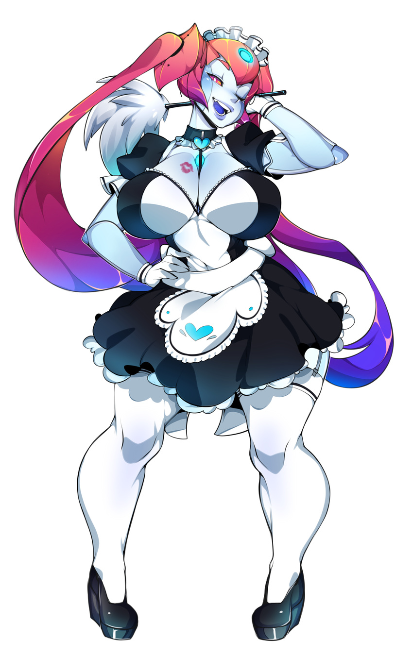 &lt;3 2016 absurd_res big_breasts blue_lips blue_skin blue_tongue breasts chocker choker cleavage clothed clothing dress feather_duster female footwear frilly frilly_hairband gloves hair hairband hi_res high_heels humanoid legwear lips long_hair looking_at_viewer machine maid_uniform not_furry one_eye_closed open_mouth pink_eyes pink_hair platform_footwear platform_heels robot shoes simple_background smile smirk solo standing stockings teeth tongue uniform venusflowerart white_background