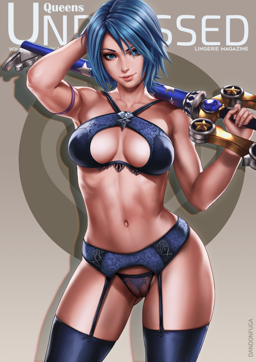 1girl absurdres aqua_(kingdom_hearts) arm_behind_head armband armpits artist_name biceps blue_bra blue_eyes blue_hair blue_panties bra breasts cameltoe cleavage collarbone cover dandon_fuga erect_nipples garter_belt garter_straps gluteal_fold grey_background heart highres keyblade kingdom_hearts kingdom_hearts_birth_by_sleep lingerie looking_at_viewer magazine_cover medium_breasts navel over_shoulder panties pinup see-through shiny shiny_hair short_hair simple_background smile solo standing stomach thigh_gap thighhighs toned underwear weapon weapon_over_shoulder