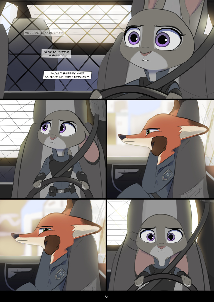 2017 anthro belt bulletproof_vest canine car clothed clothing comic disney driving duo english_text female fox inside_car judy_hopps lagomorph male mammal nick_wilde police_car police_uniform rabbit seatbelt text uniform utility_belt vehicle yitexity zootopia