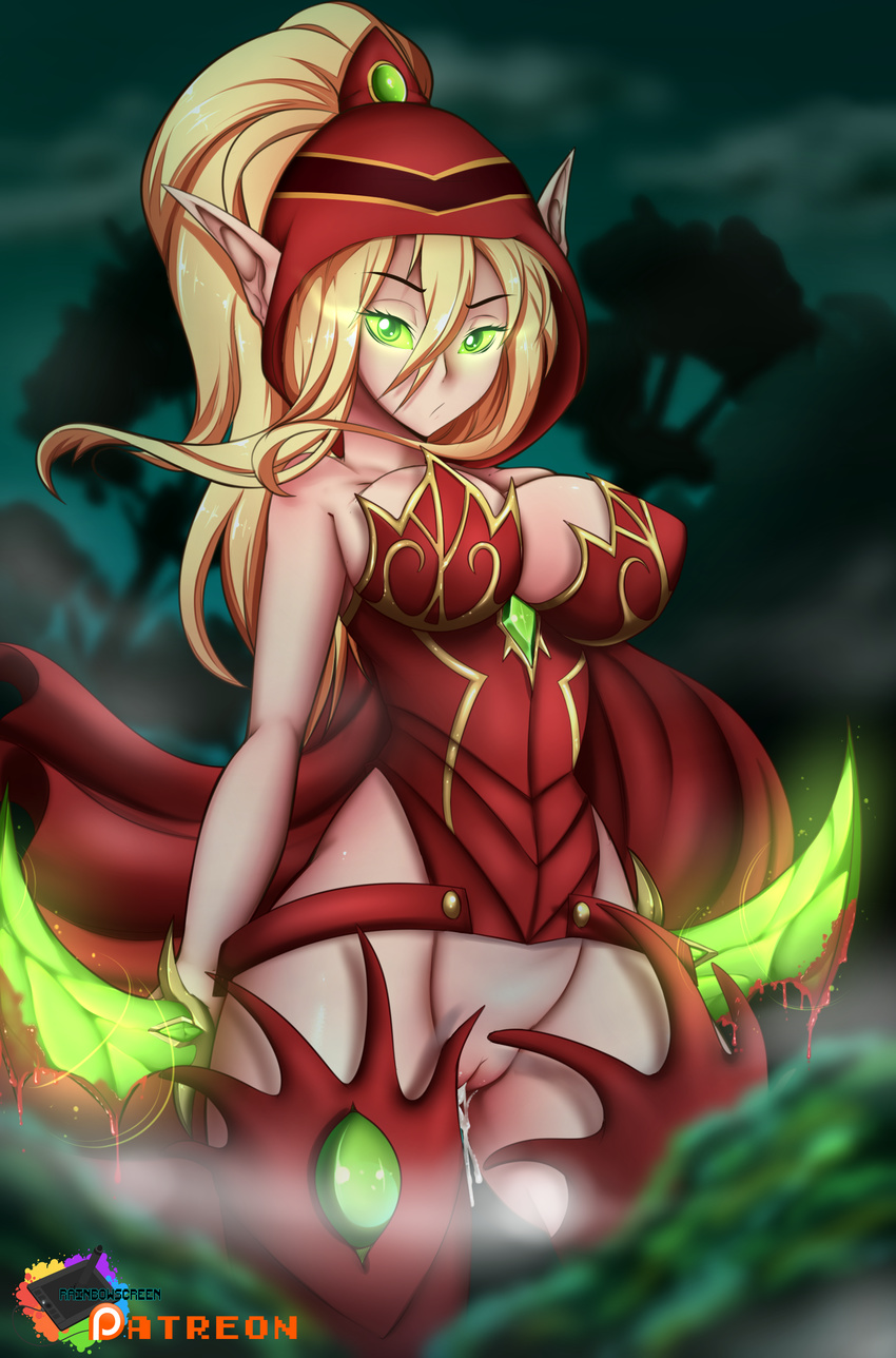 2016 armor blood blood_elf breasts clothed clothing elf eyewear female green_eyes hair hi_res humanoid looking_at_viewer mammal melee_weapon not_furry nude outside pussy pussy_juice rainbowscreen solo standing valeera_sanguinar video_games warcraft weapon white_hair