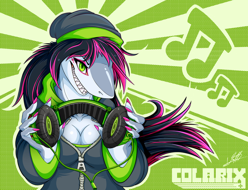 5_fingers anthro beanie black_hair breasts claws cleavage clothed clothing colarix colored_nails eyebrows eyelashes eyeshadow female fish green_eyes grey_skin hair hat headphones hoodie lapfox_trax looking_at_viewer makeup marine mayhem_(renard) multicolored_hair pink_hair shark sharp_teeth slit_pupils smile solo teeth two_tone_hair