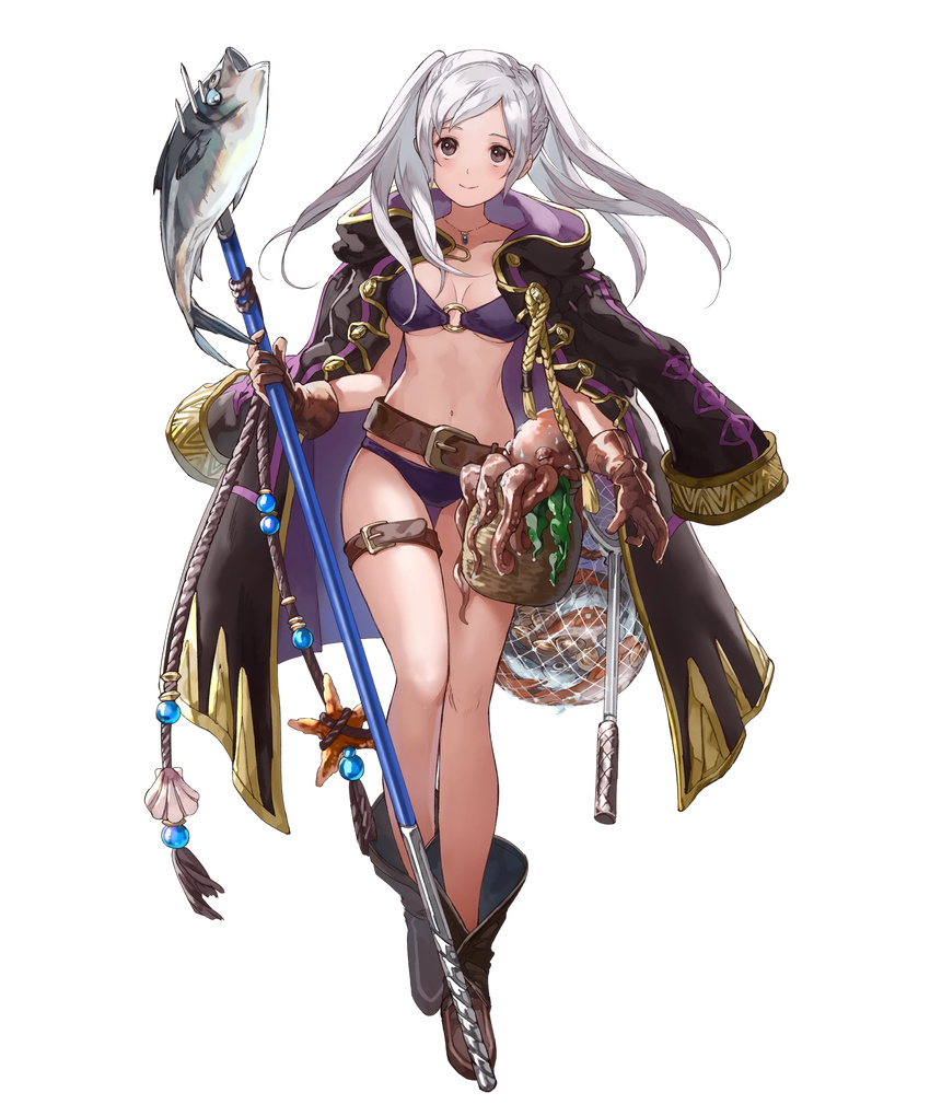 belt bikini boots braid breasts brown_eyes cleavage coat crown_braid female_my_unit_(fire_emblem:_kakusei) fire_emblem fire_emblem:_kakusei fire_emblem_heroes fish full_body gloves highres holding holding_weapon jewelry jpeg_artifacts long_coat long_hair looking_at_viewer lossy-lossless mayo_(becky2006) medium_breasts my_unit_(fire_emblem:_kakusei) navel necklace o-ring o-ring_bikini o-ring_top octopus official_art silver_hair smile solo standing starfish swimsuit transparent_background weapon